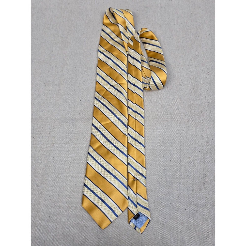 John W Nordstrom Men Silk Tie Gold Blue White Striped Made in USA Paisley Lining